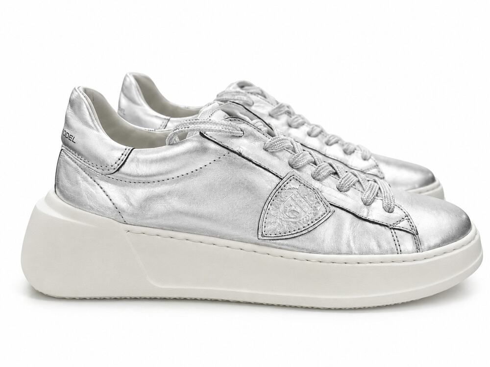 Philippe Model Très Temple Metallic Silver Leather Platform Sneakers EU 37